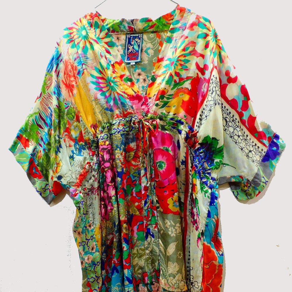 Johnny Was colorful Button Down Gathered Silk Top
